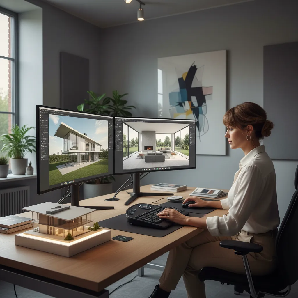 diseñador trabajando en un modelo 3D de casa en ordenador