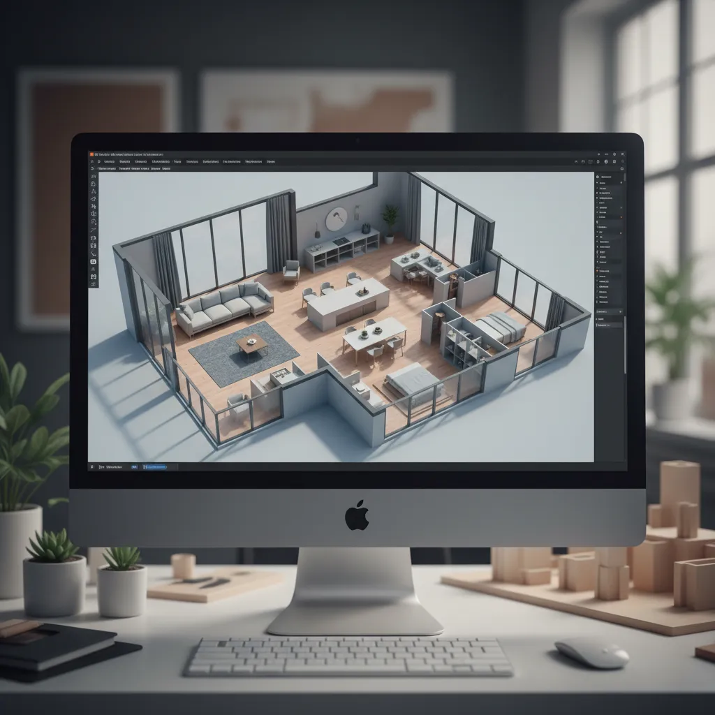 Coohom editor showing a 3D apartment layout with living room kitchen and bedroom furniture design