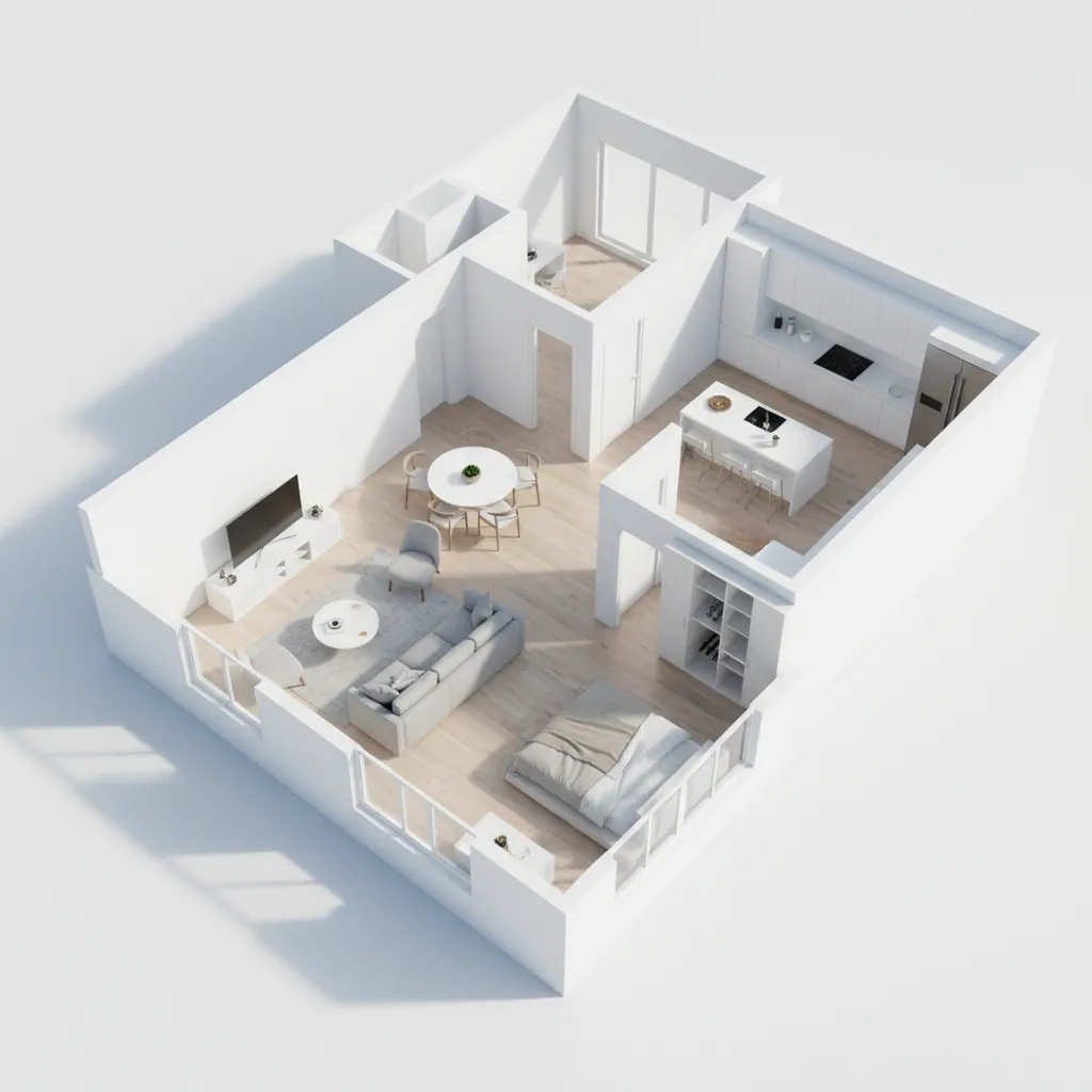 3D home floor plan showing multiple rooms and furniture layout