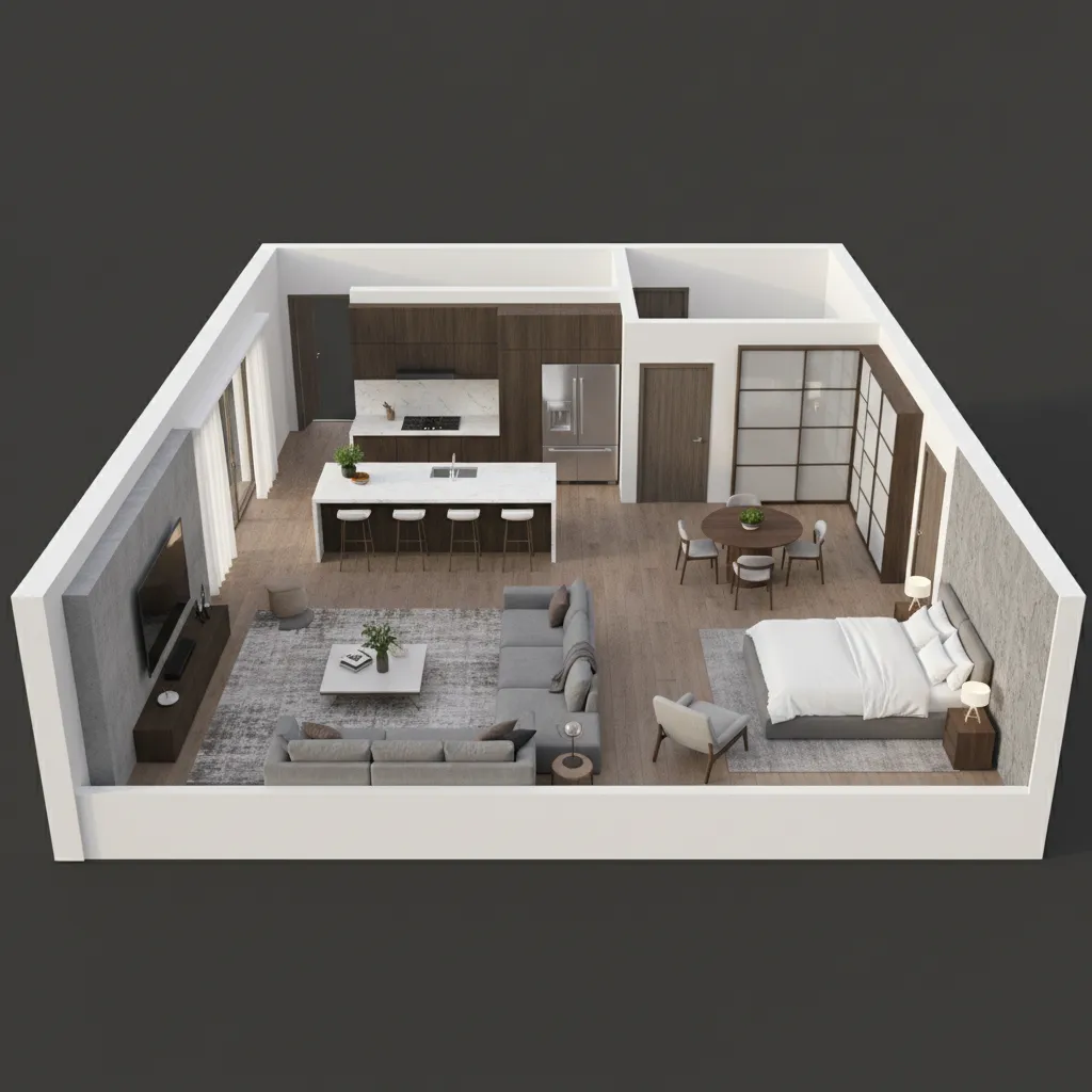 3D visualization of a modern apartment floor plan with furniture layout