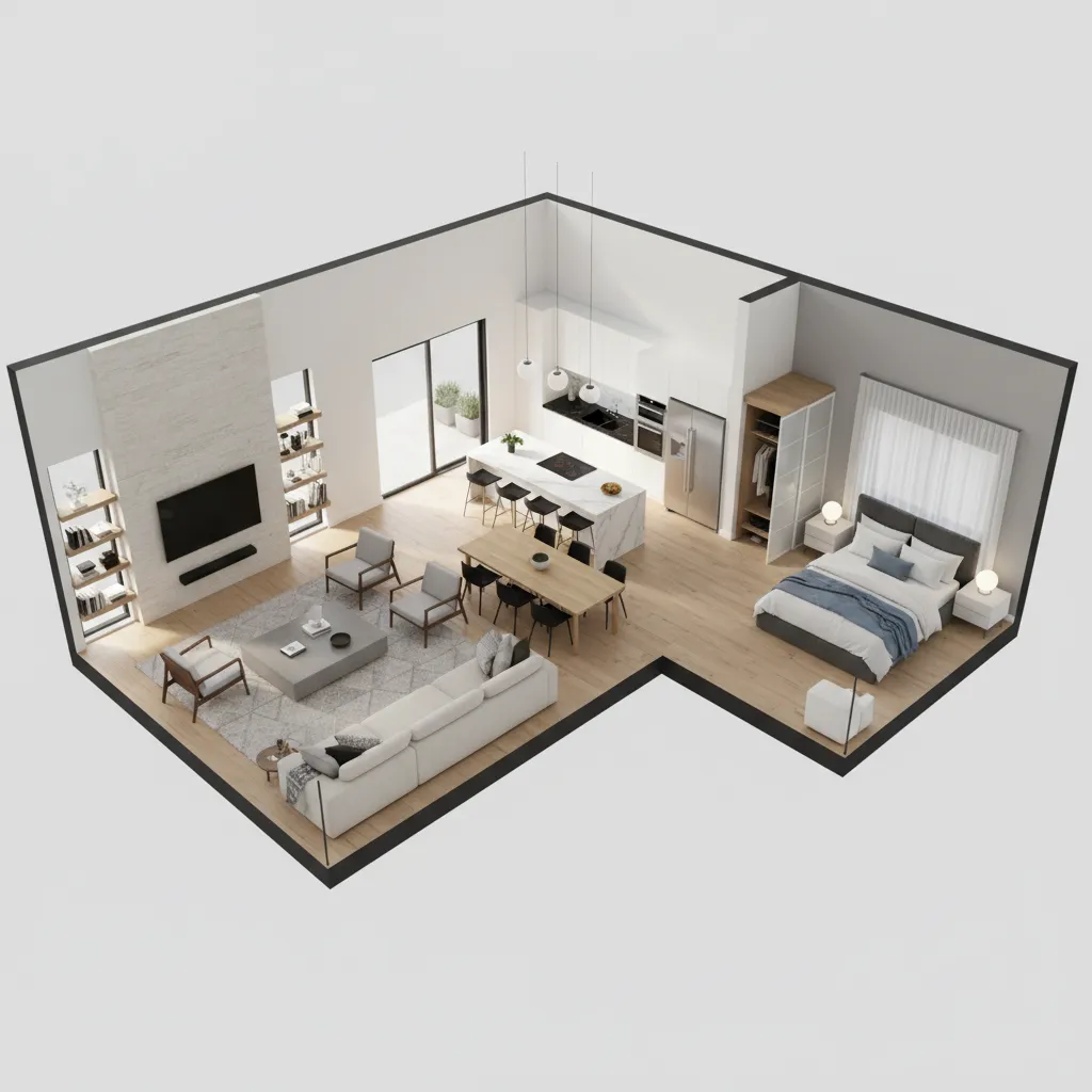 3D visualization of a house floor plan showing rooms and furniture layout
