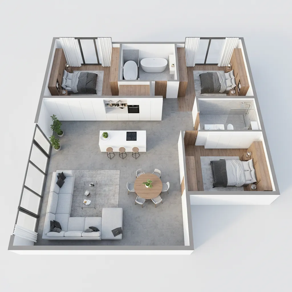 3D rendered home floor plan visualization with furniture layout