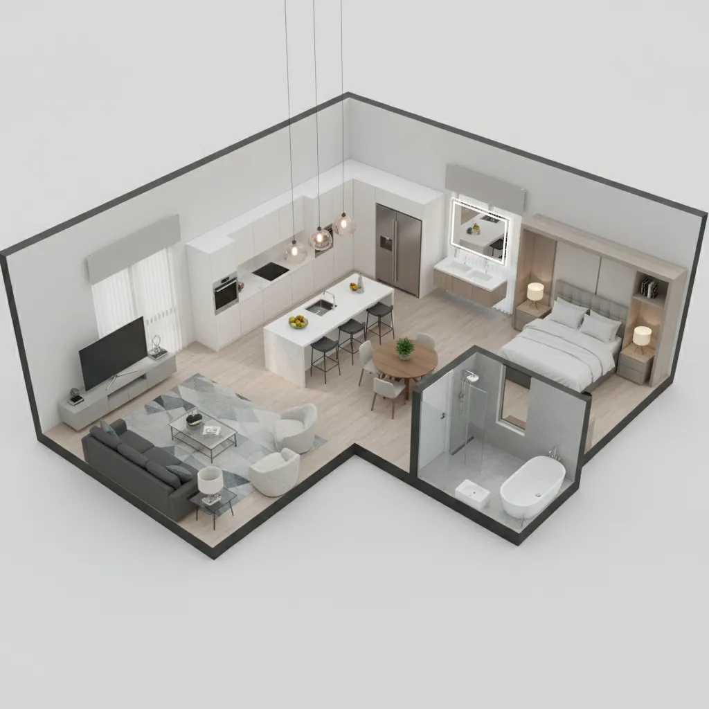 3D visualization of modern home floor plan with furniture and room layout