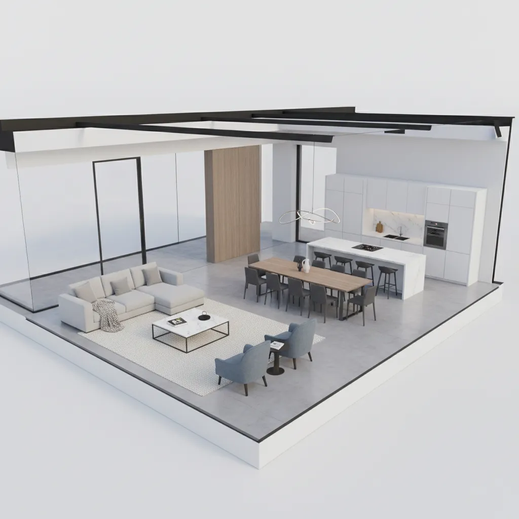 3D home floor plan showing living dining and kitchen zoning