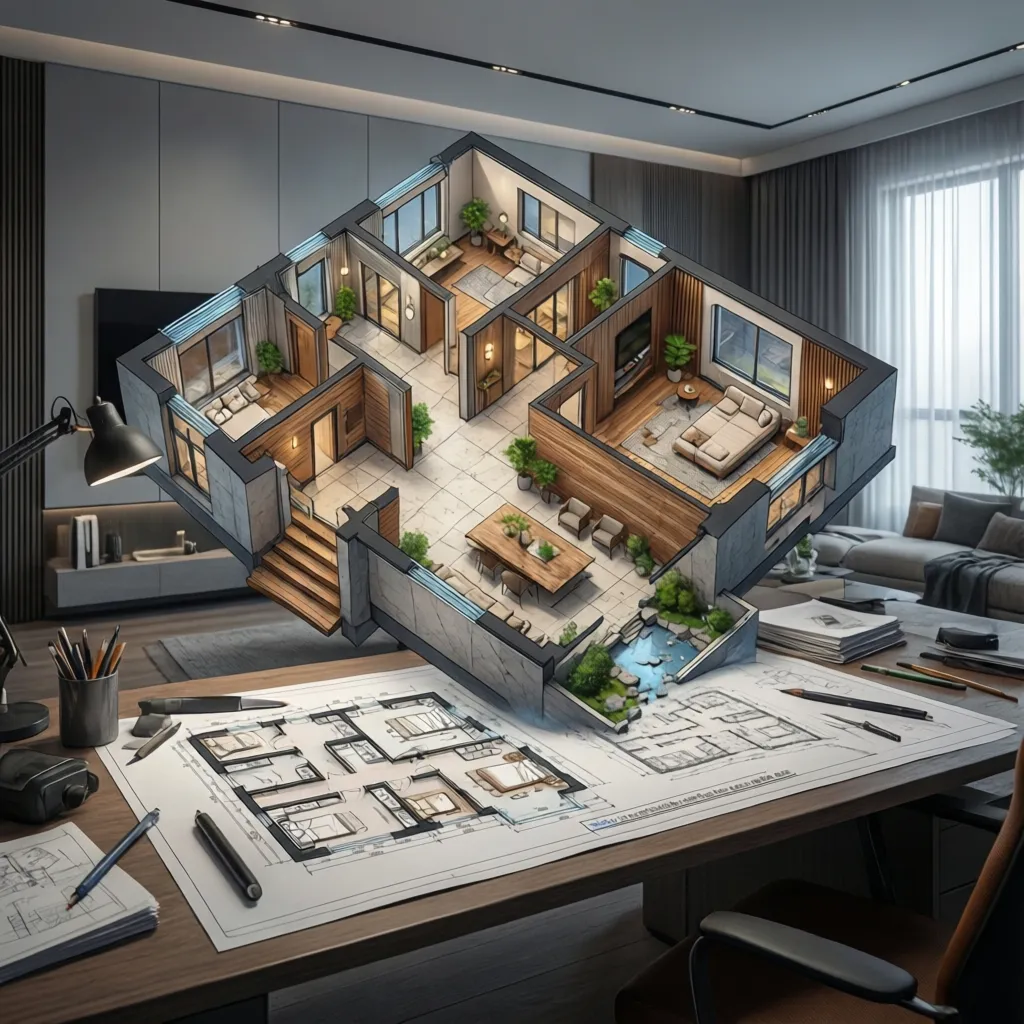 Planificación de vivienda con visualización de plano en 3D