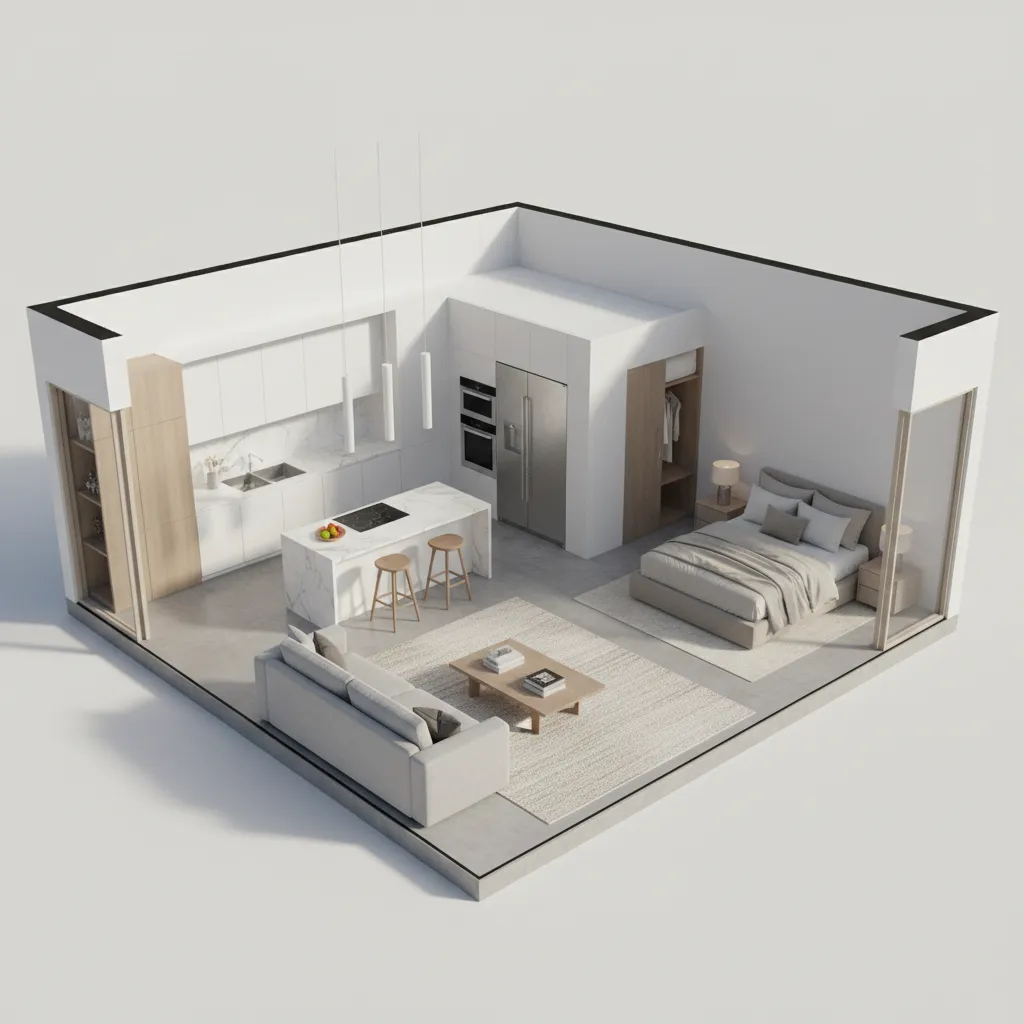 clean modern house interior layout shown as a 3D floor plan visualization