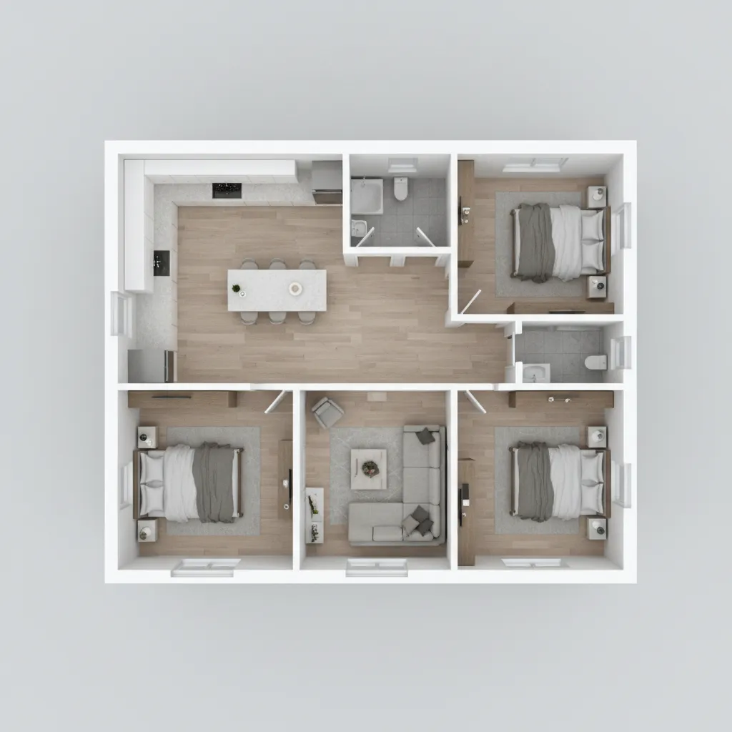 3D residential floor plan layout visualization showing room distribution