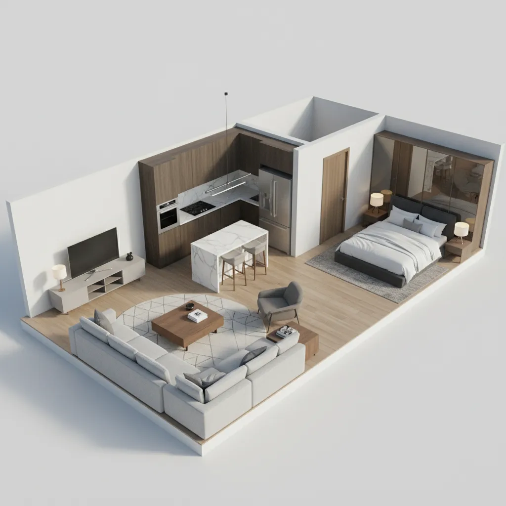 3D interior design drawing of small apartment room layout with kitchen living area and bedroom