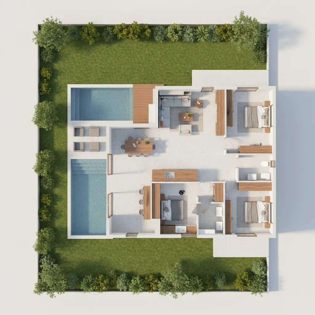 Plano 3D de una casa con habitaciones y jardín