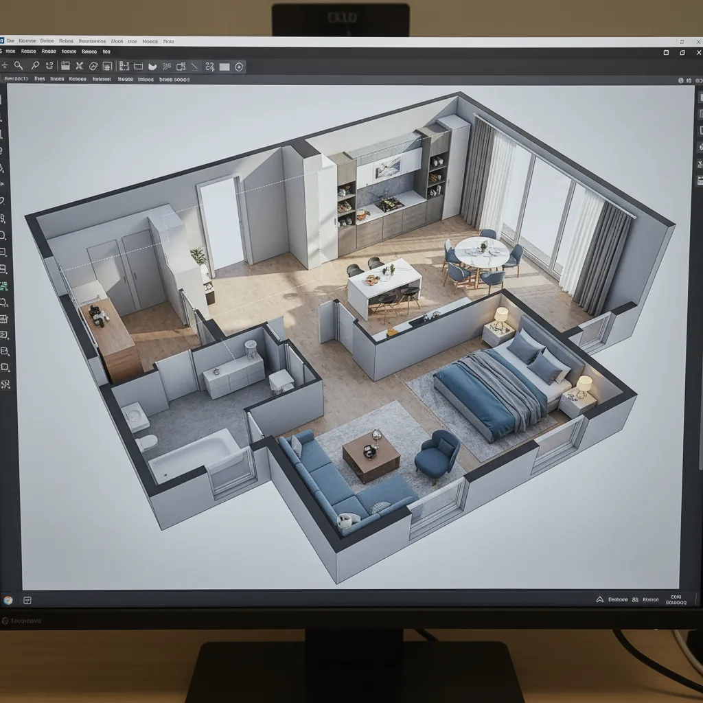 Visualización 3D de distribución de un apartamento moderno en software de diseño