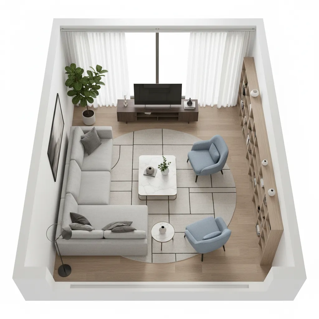 Interior design drawing of modern living room layout with grey sofa blue chairs and bookshelf