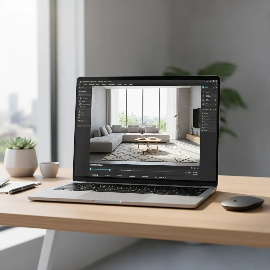 Laptop displaying 3D home layout planning software with furniture placement