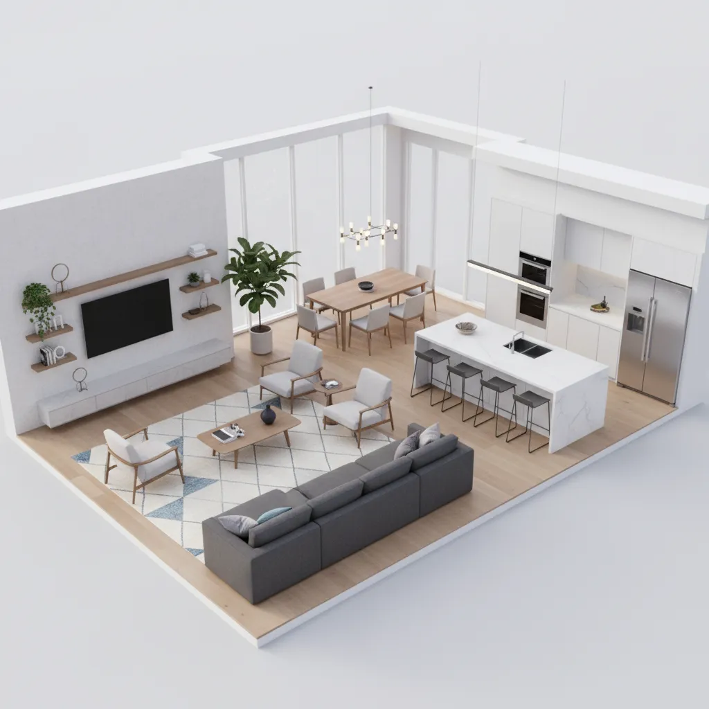 3D home layout visualization showing furniture placement and room flow