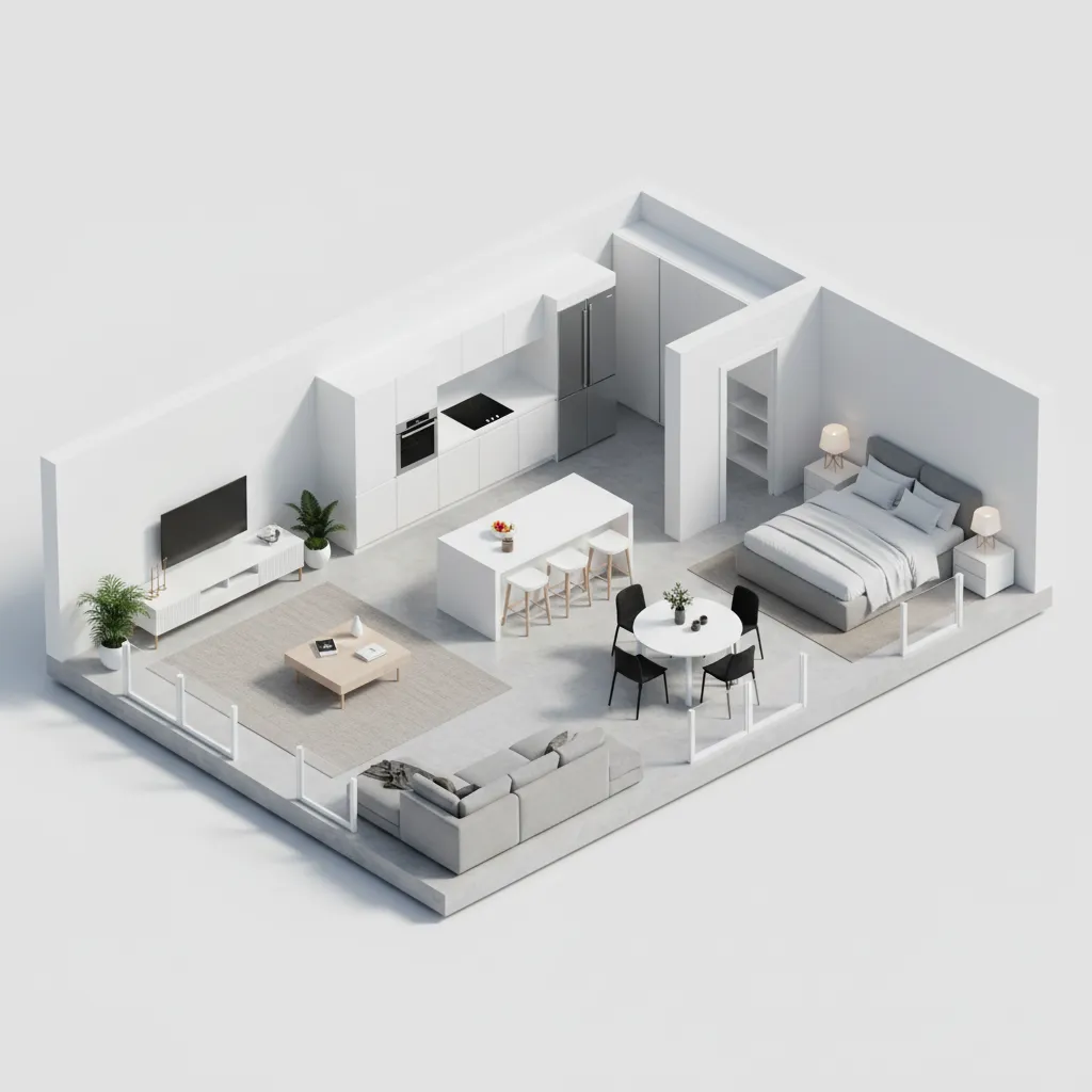 3D interior design drawing showing a studio apartment layout with kitchen living room and bedroom