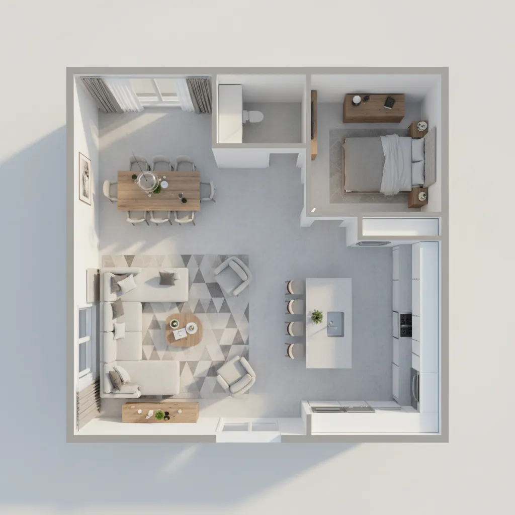 3D house floor plan showing furniture placement for layout testing