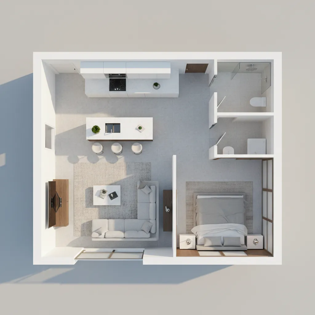 Plano 3D de una vivienda mostrando distribución de habitaciones