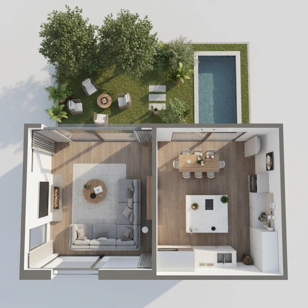 Top view interior design drawing showing house layout with living room kitchen garden and pool