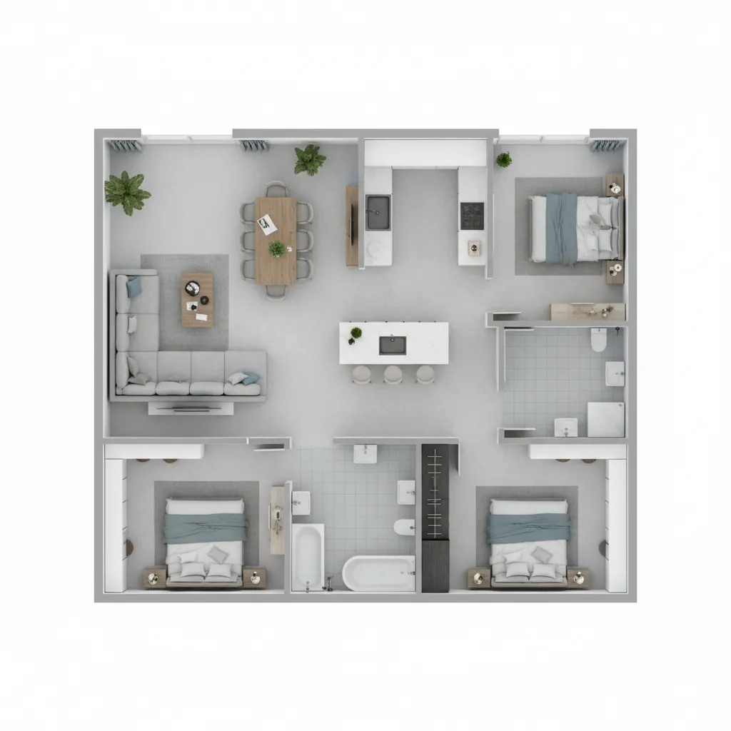 visualización 3D de plano de vivienda para planificación de interiores