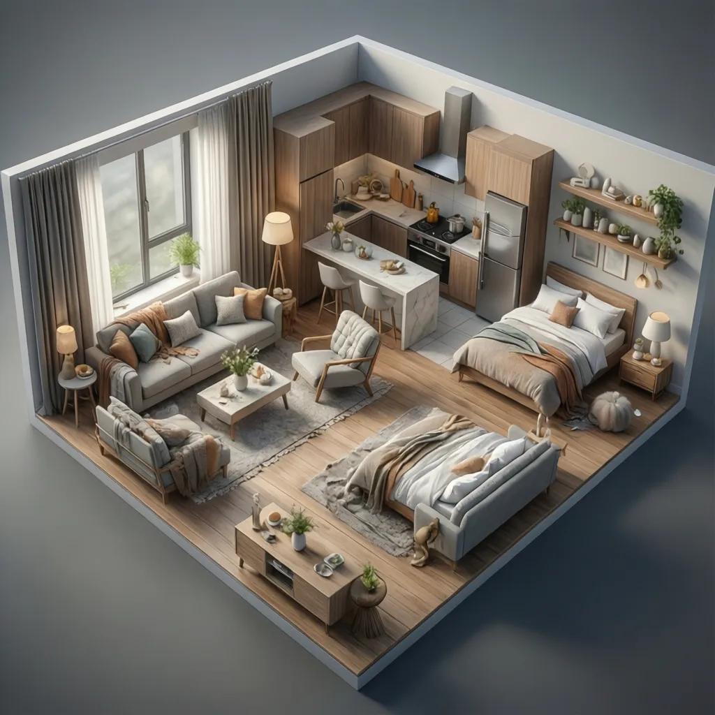 Interior design drawing showing a small apartment with kitchen living room and two beds layout