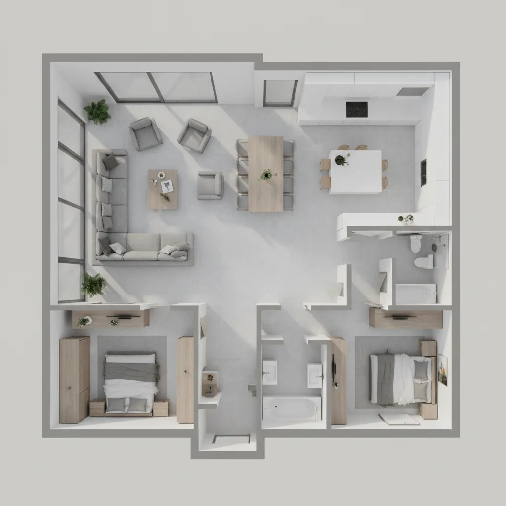 Visualización 3D de distribución de una vivienda moderna