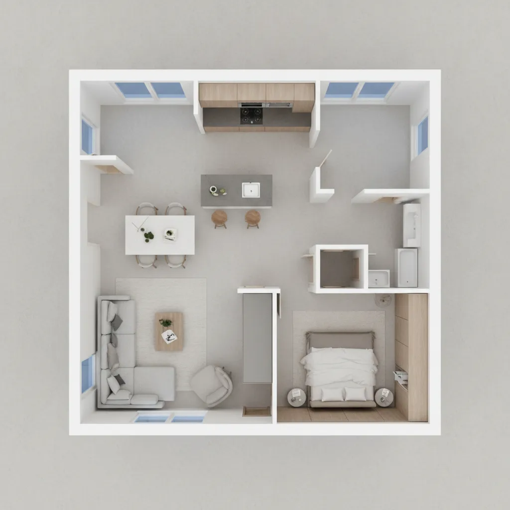 Digital 3D floor plan showing living room and kitchen layout