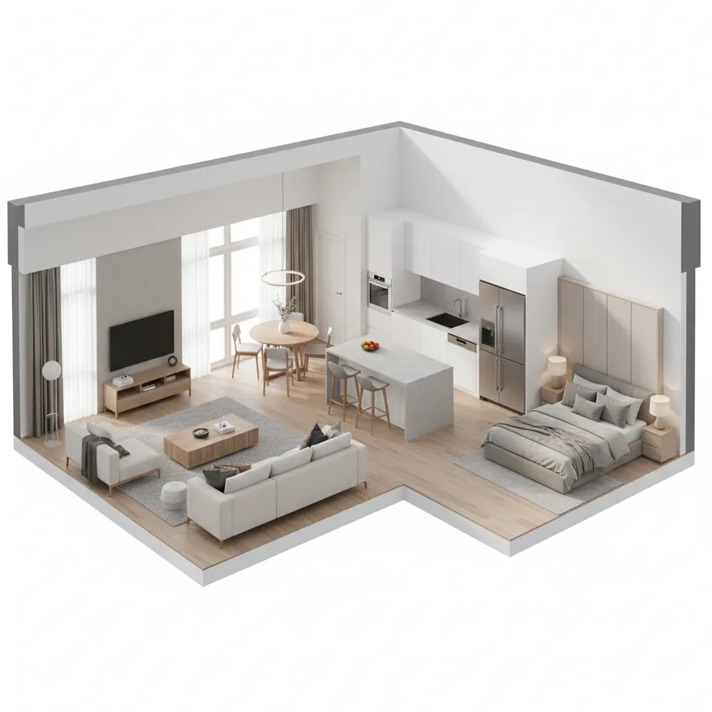 Mô hình 3D bố trí mặt bằng căn hộ với đồ nội thất