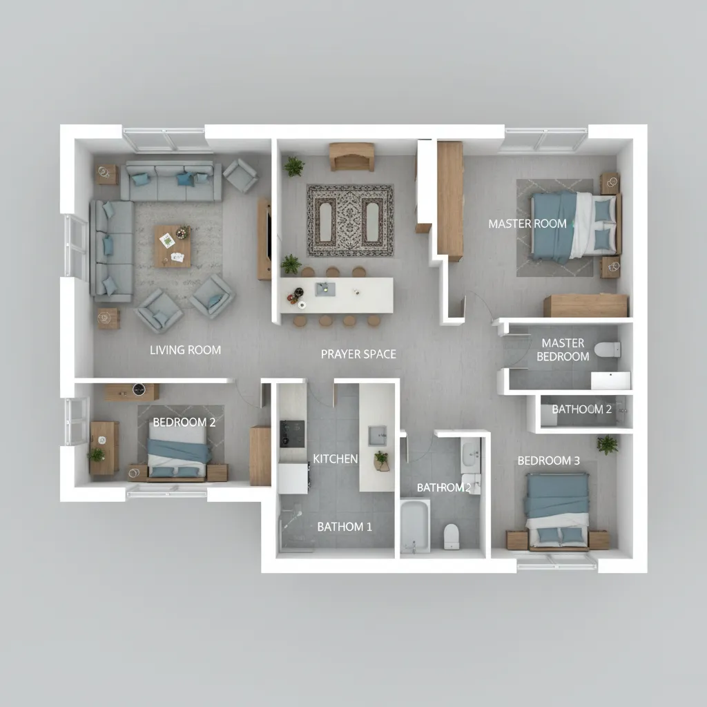 3D floor plan layout showing furniture arrangement for an Indian family home
