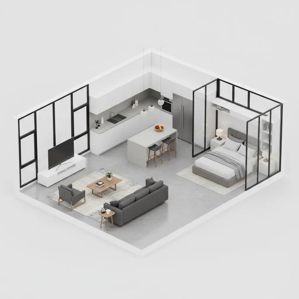 3D preview of a modern apartment layout generated by floor plan software