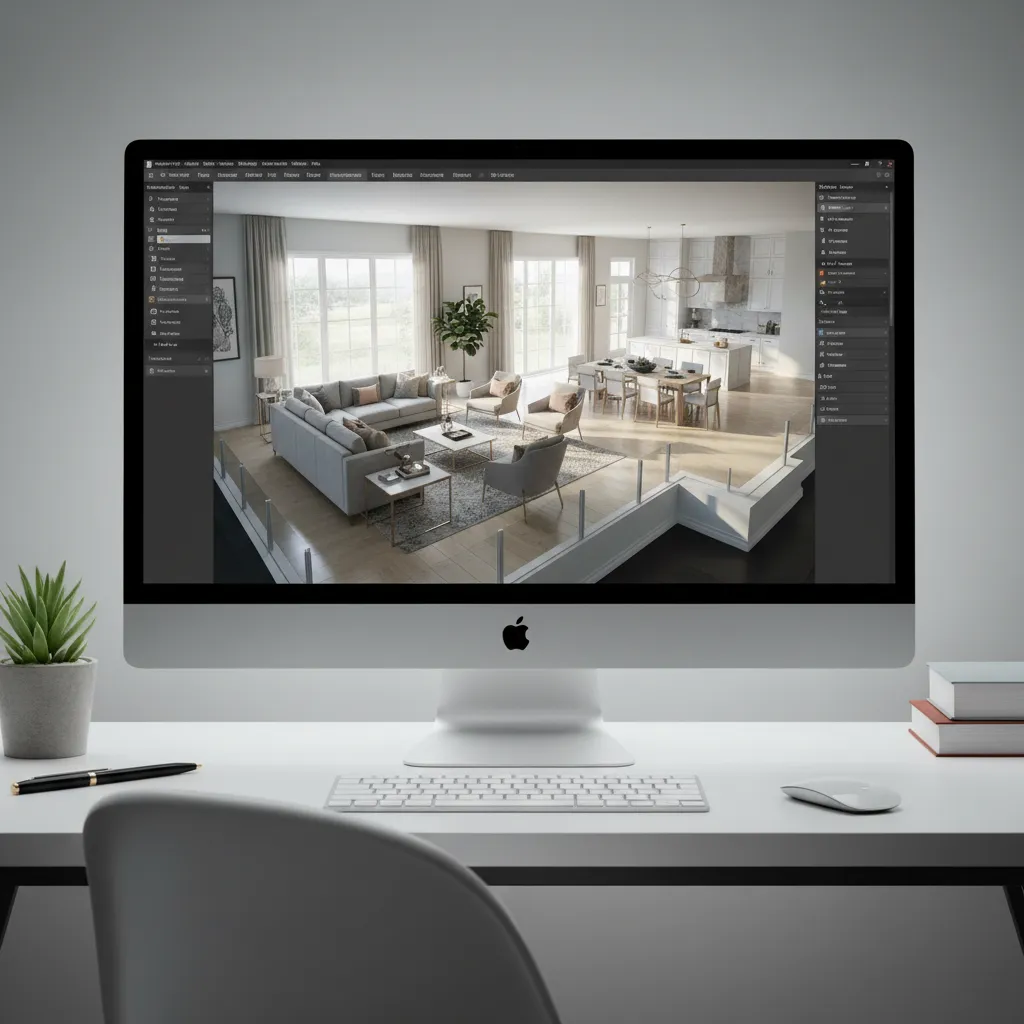3D home layout created using free home remodel software on computer screen