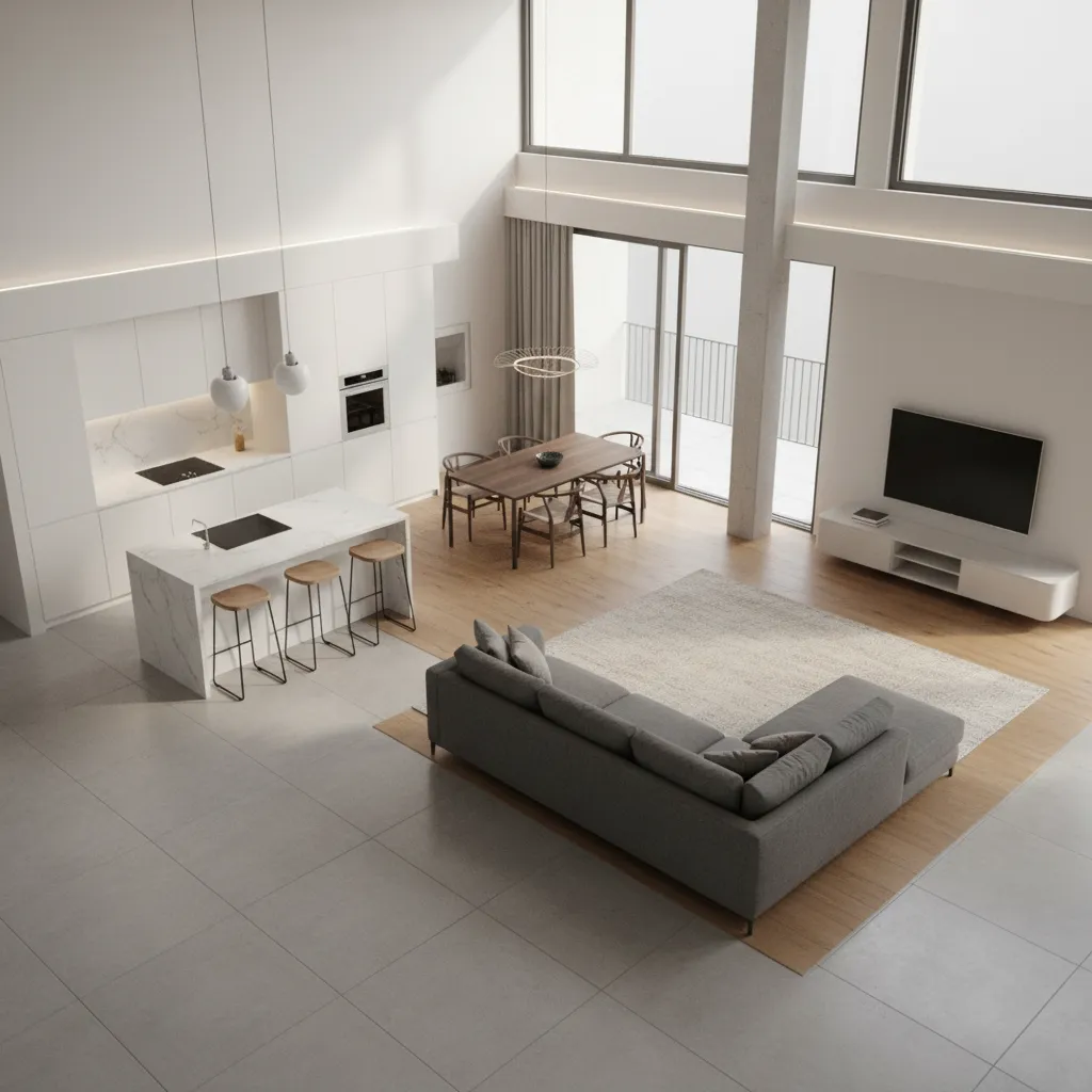 visualización 3D de distribución de vivienda moderna