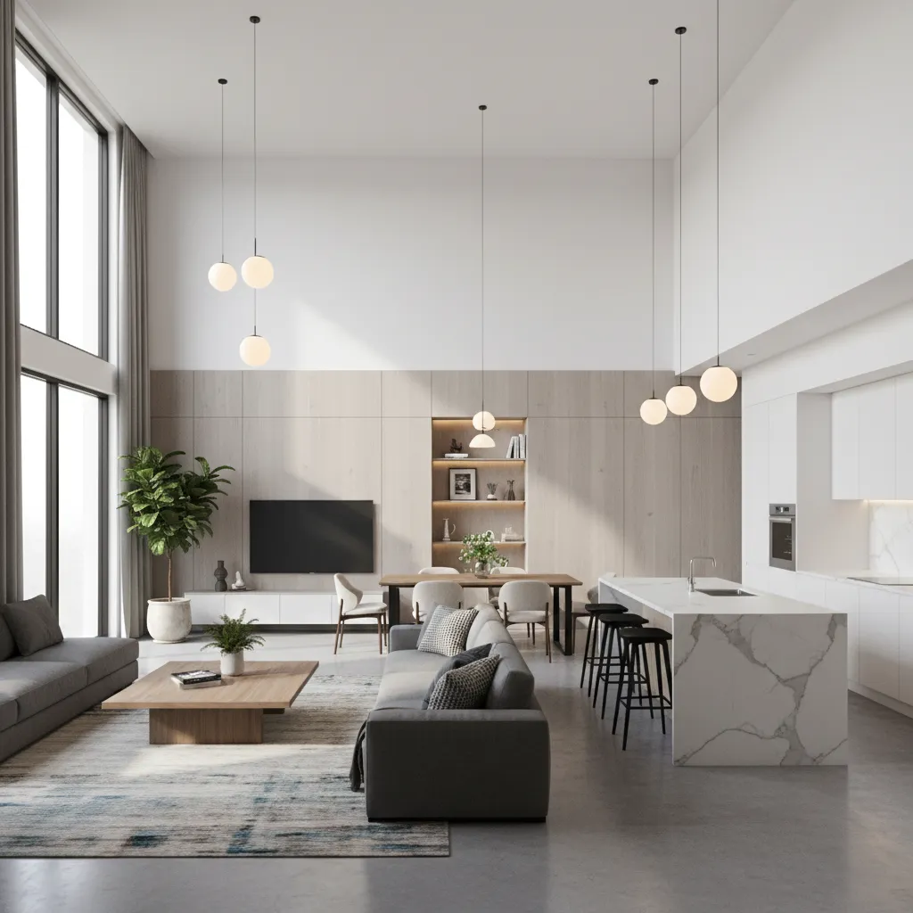 Modern open room layout with grey sofa wooden wall panels marble kitchen island and lights