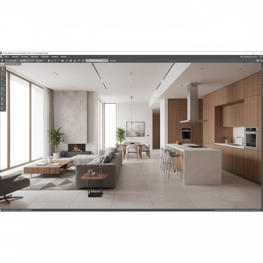 Coohom design interface showing open plan living room with grey sofa dining table and kitchen island