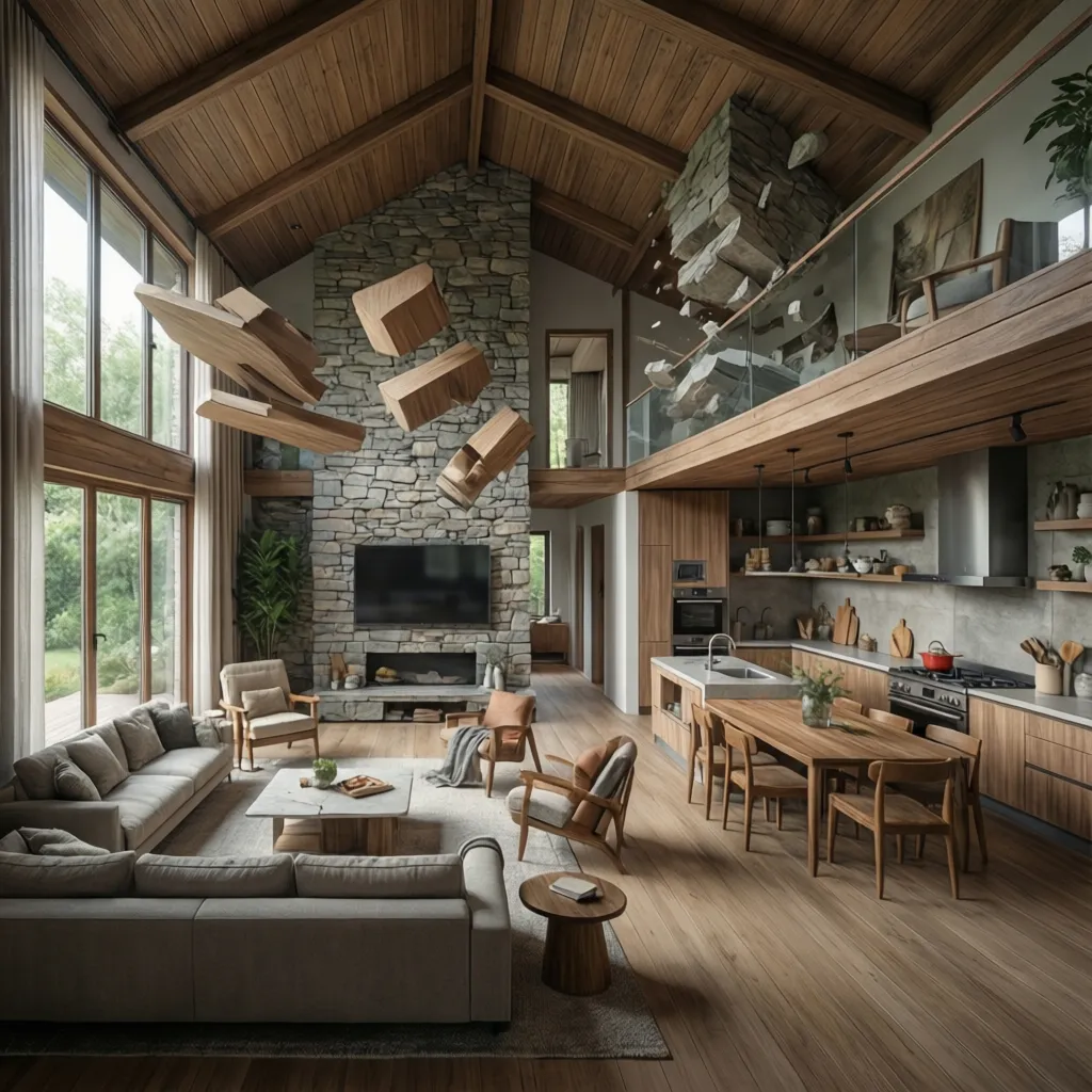 Visualización 3D de una casa con salón, cocina y comedor integrados