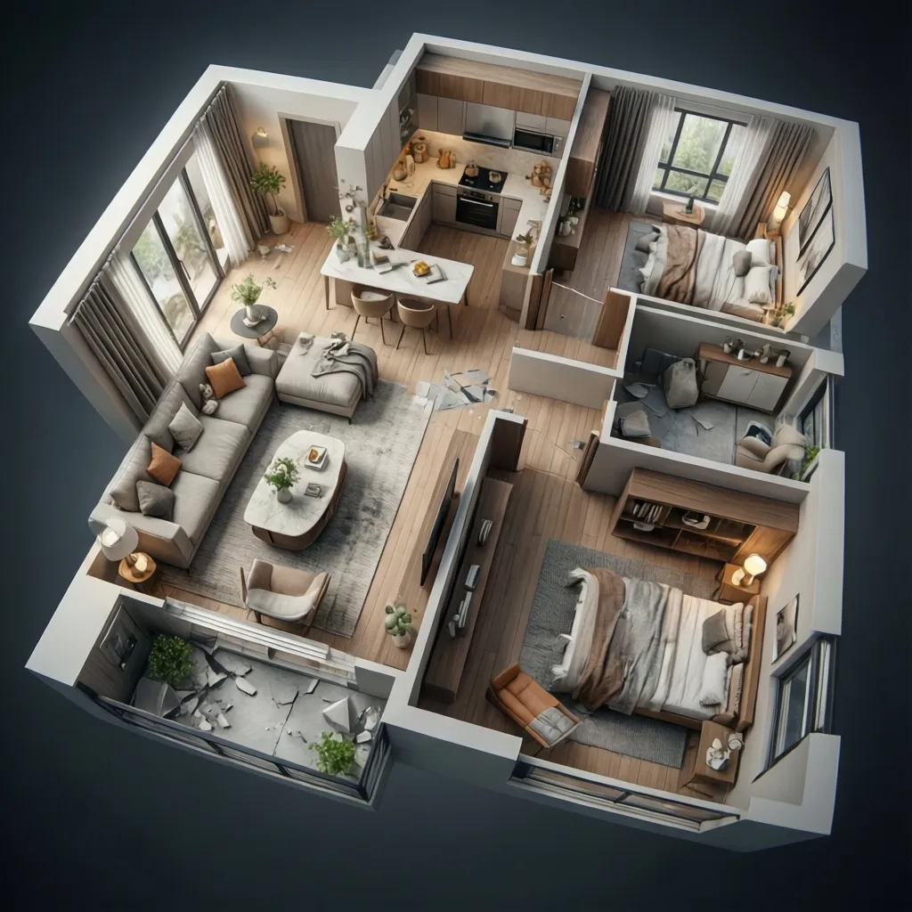 Visualización 3D de la distribución de un apartamento con muebles