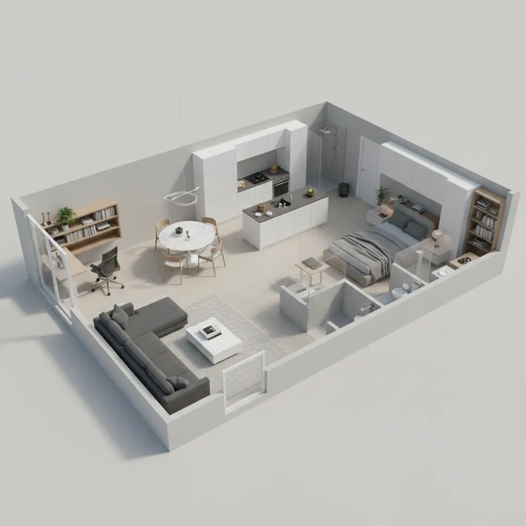 Interior design drawing of a studio apartment with living, kitchen, dining, bedroom, and bathroom layouts
