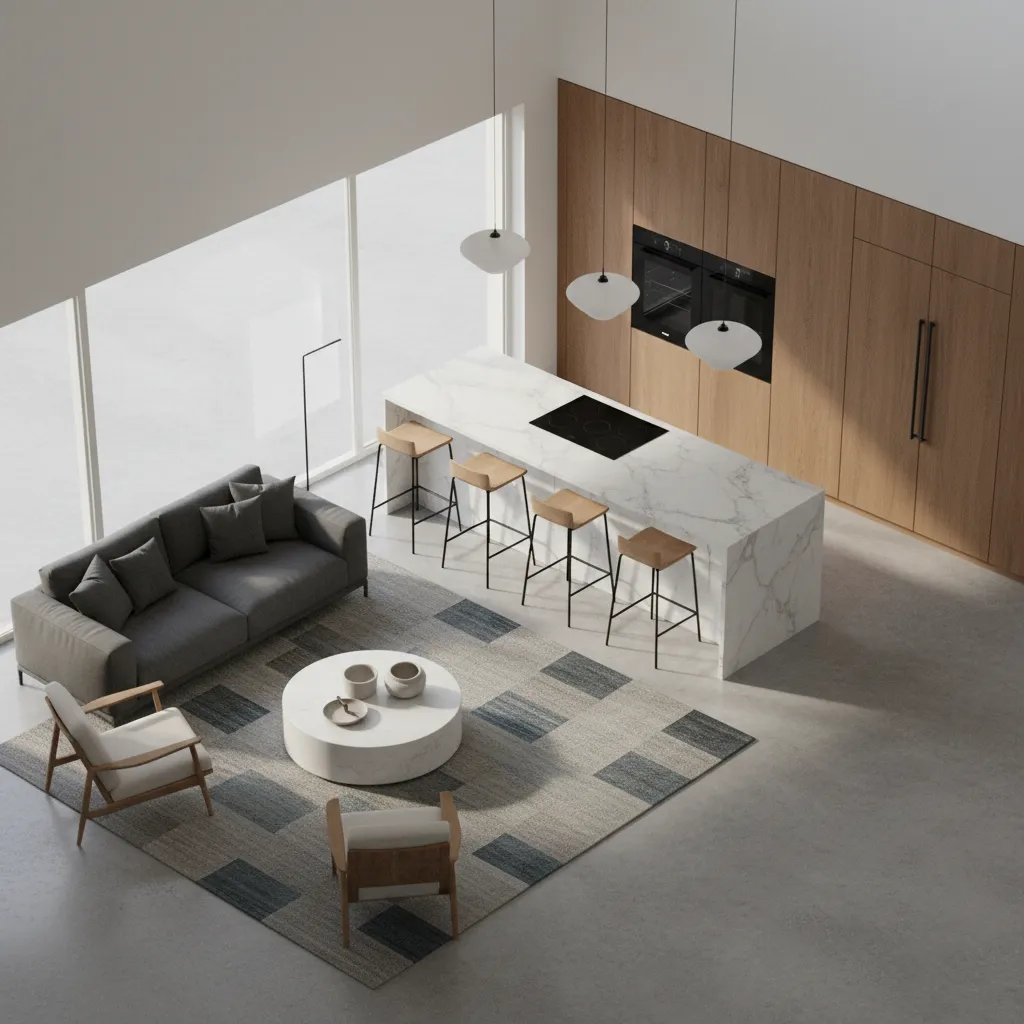 Visualización 3D de la distribución interior de una vivienda moderna