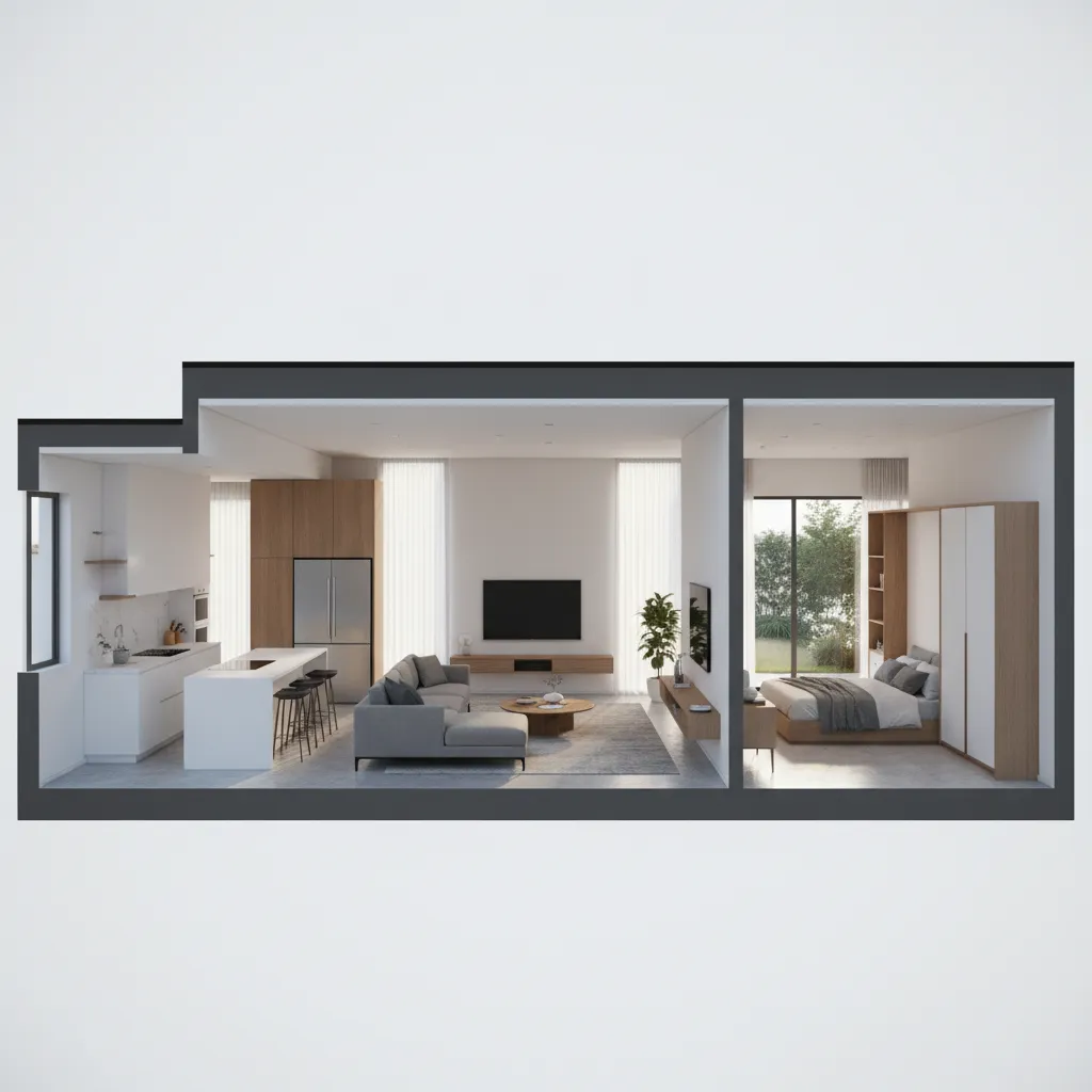 Modelo 3D de una casa mostrando la distribución interior