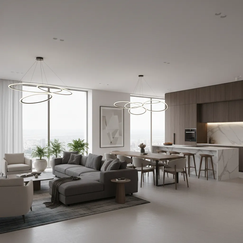 Modern living room with grey sofa, wooden dining table, white marble island and ceiling lights