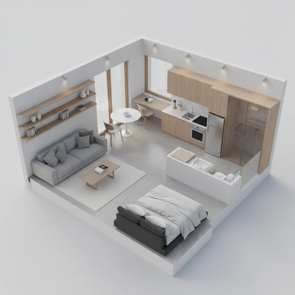 3D visualization of a small apartment layout generated from floor plan software
