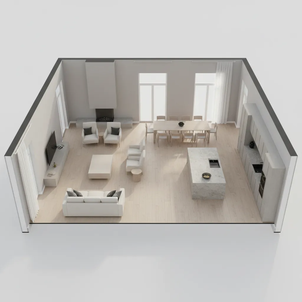 3D visualization of home interior layout showing furniture placement in open plan living space