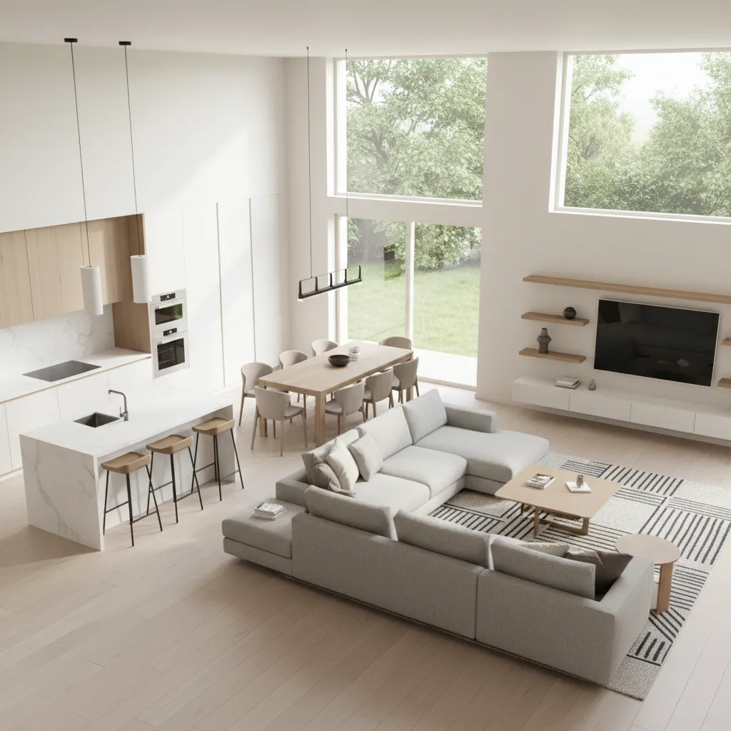 modern home 3D layout visualization showing living room kitchen and bedroom zones