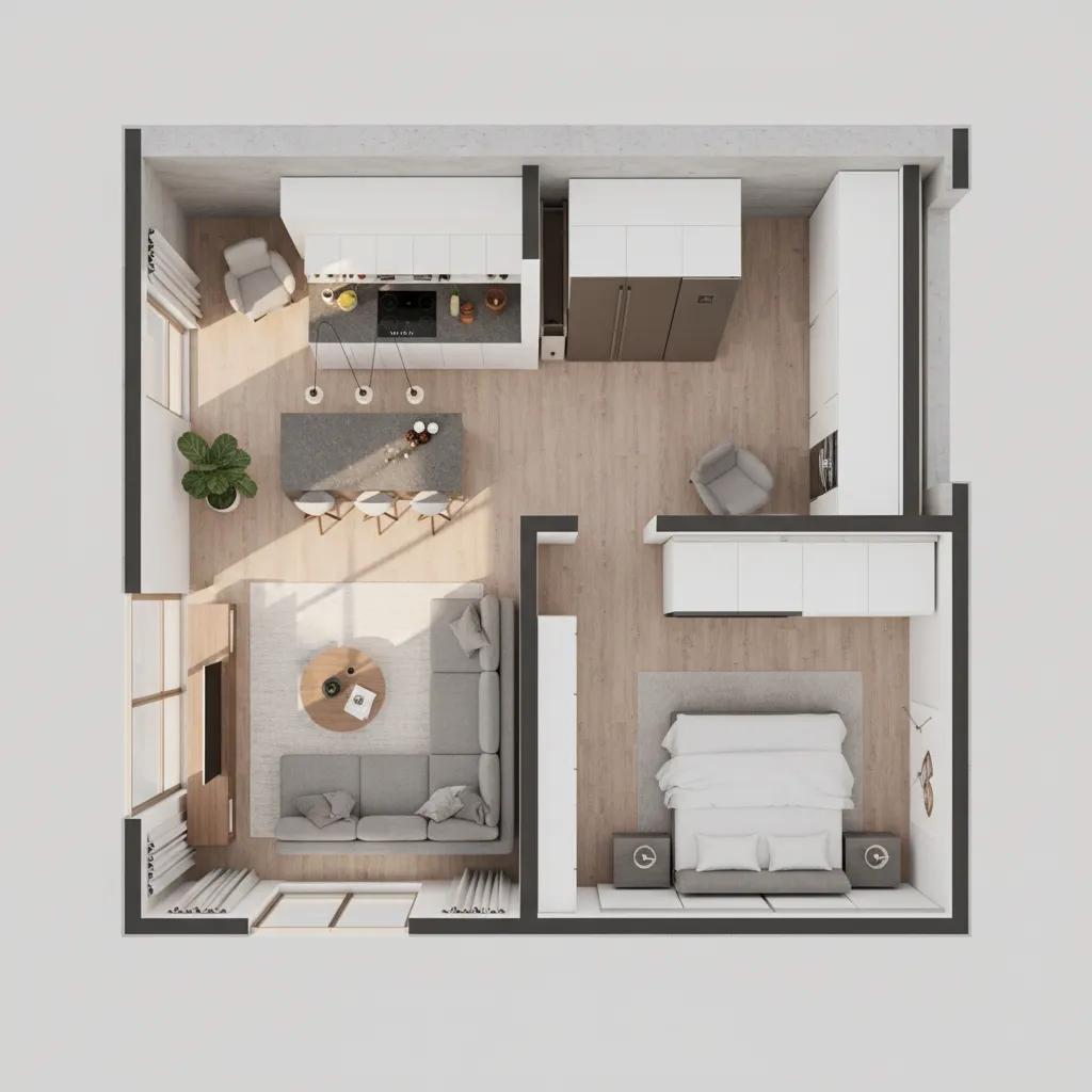 realistic 3D home layout visualization with furniture and lighting