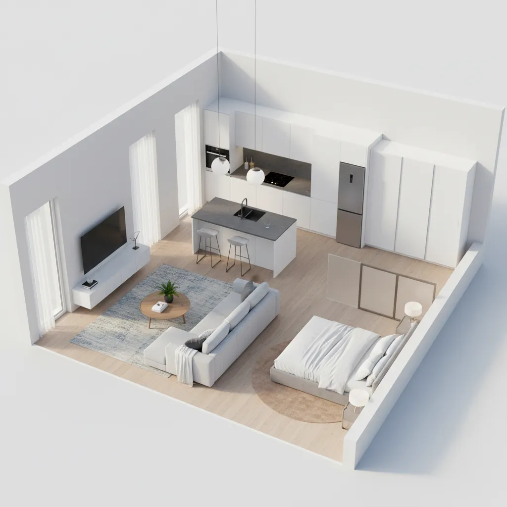 3d visualization of apartment floor plan with furniture layout and interior design elements
