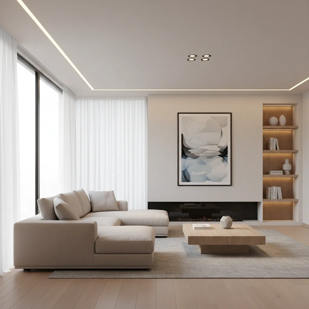 3D rendered living room showing lighting simulation with ceiling lights and natural light