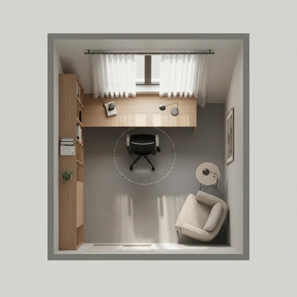 visualización de plano 3D para oficina pequeña en casa