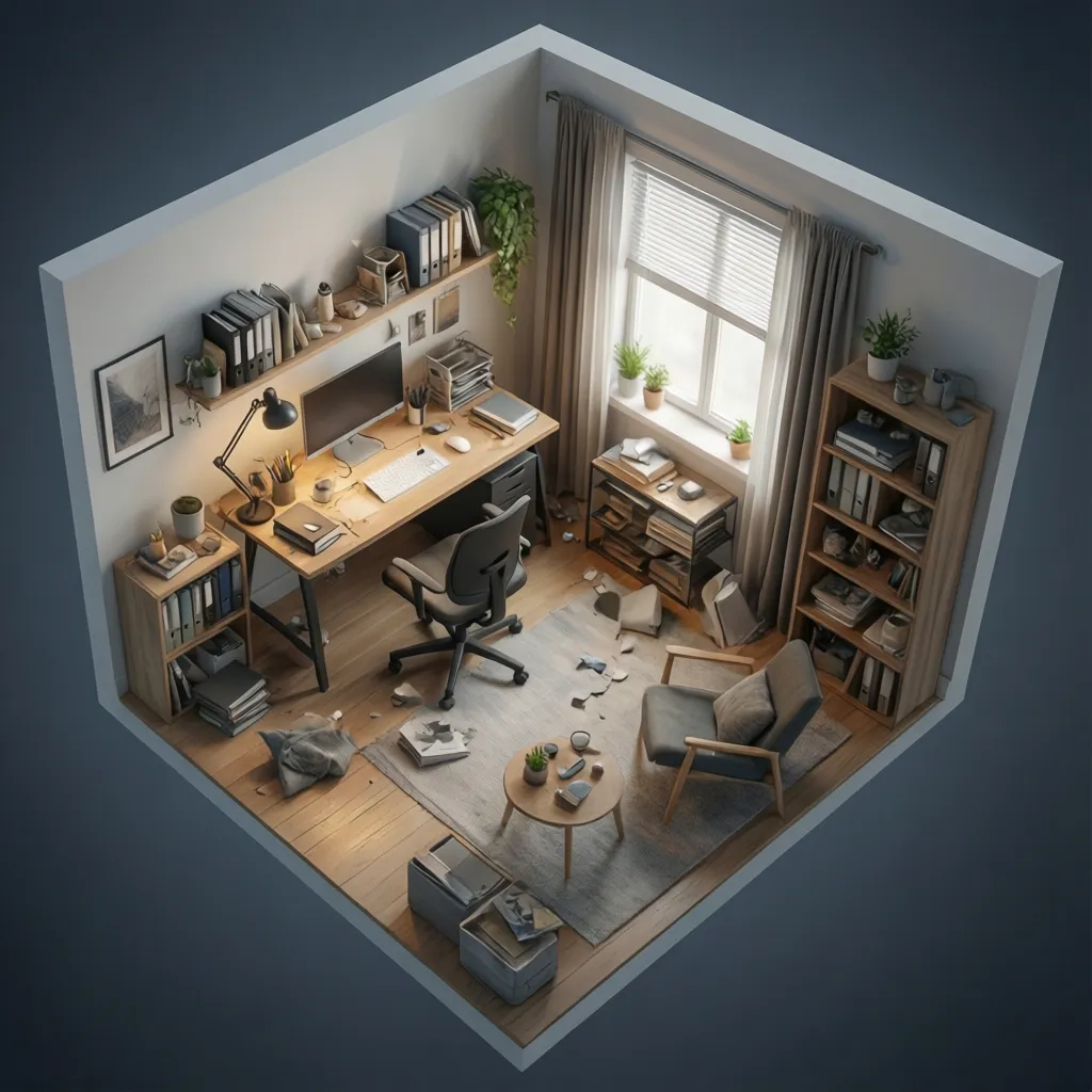 Isometric interior design drawing of a home office with wooden desk, chair, and tall bookshelf