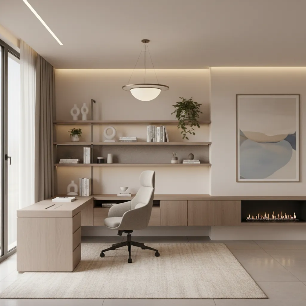 Render 3D de una oficina en casa mostrando distribución y mobiliario