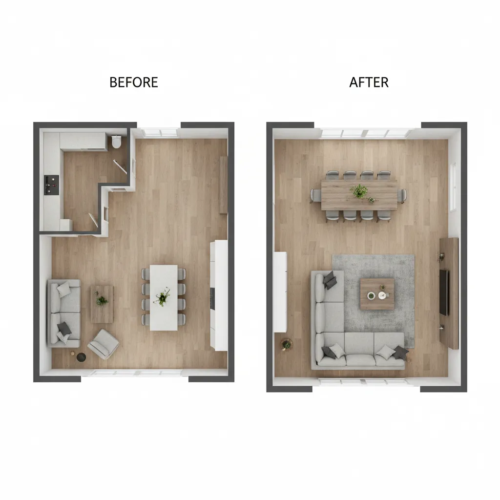 3D floor plan comparison showing before and after home remodel layout