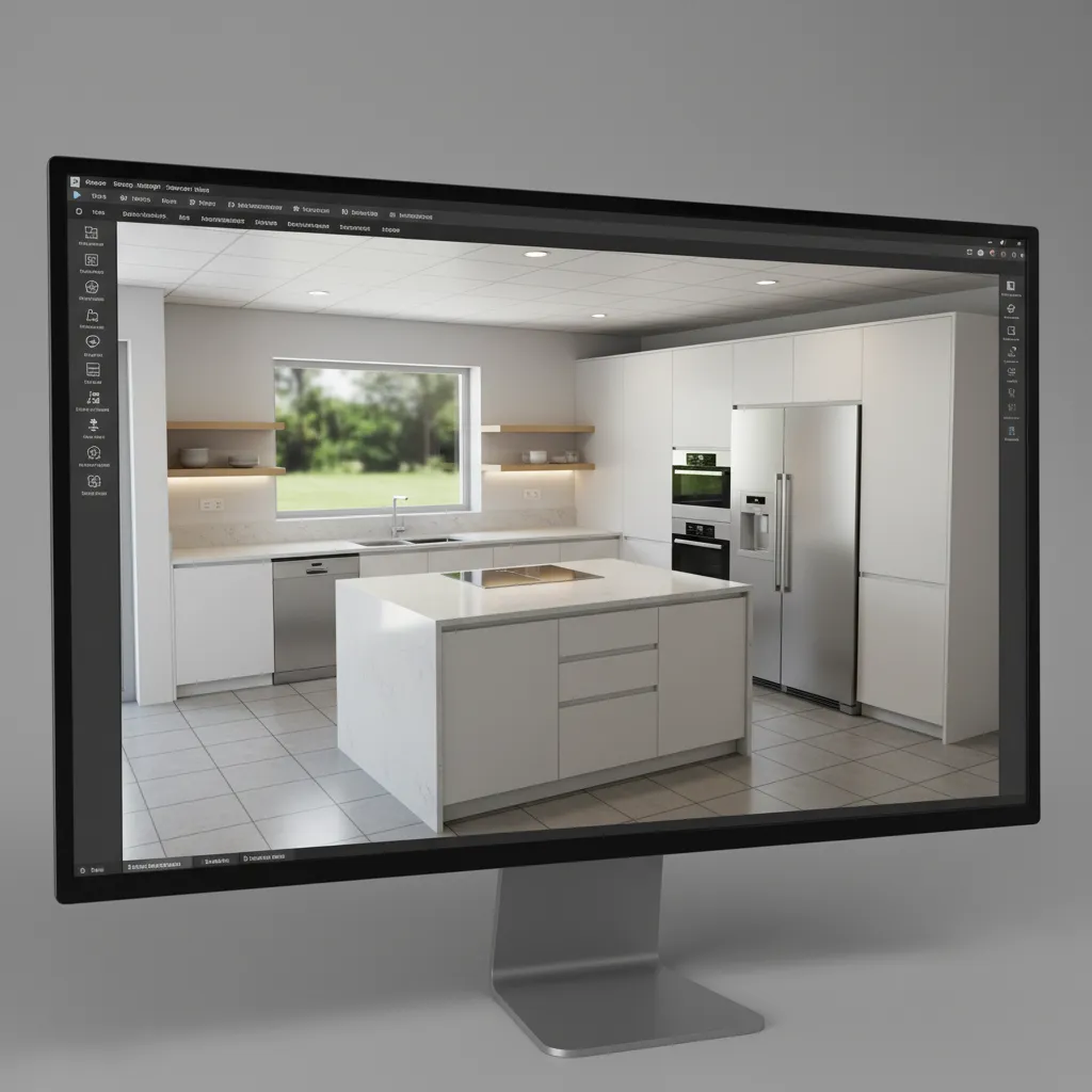 3D digital preview of a modern kitchen remodel layout in design software