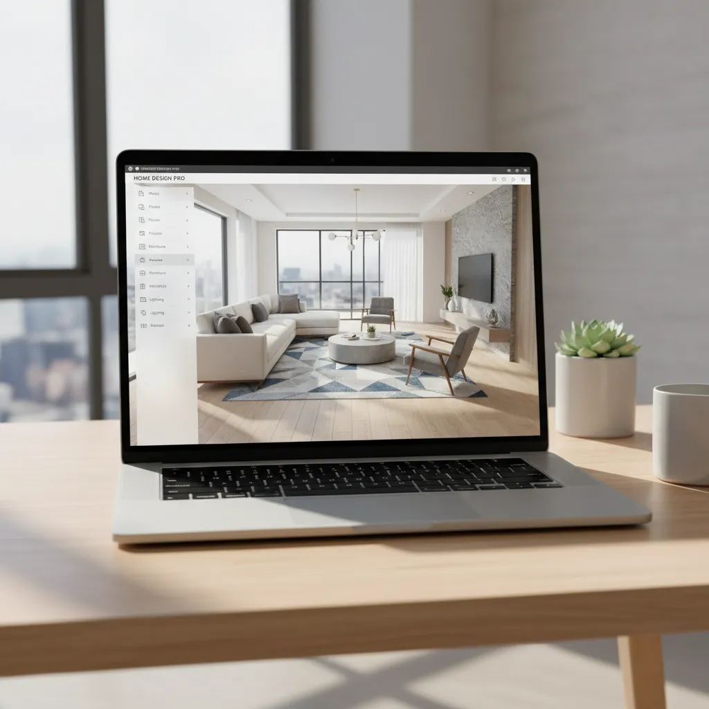 Laptop showing 3D home remodeling software with a living room redesign model